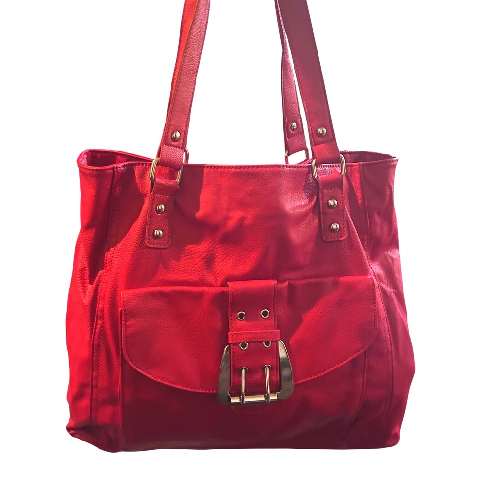 New York & Company Red Faux Leather Tote Bag Womens Large Buckle Shoulder Bag EX